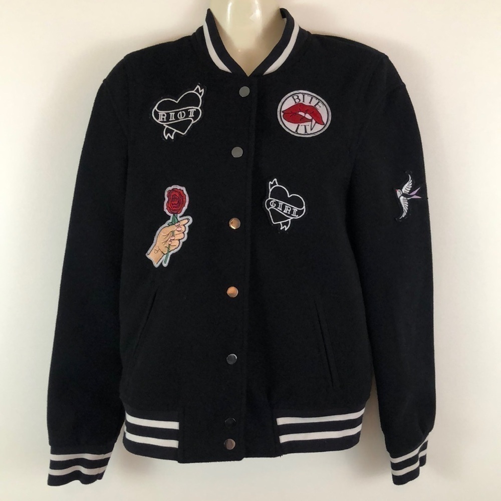 H & M Divided Varsity Patches Bomber Style Jacket Size 2